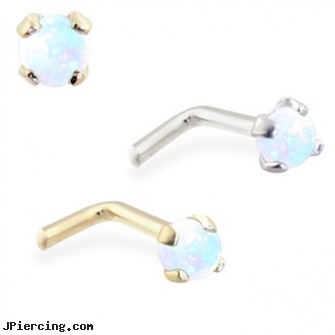 14K Gold L-shaped Nose Pin with 2mm Round White Opal, jewelry supplies gold ear wires, white gold top down navel rings, non piercing gold nipple jewelry nipple rings, heart shaped belly button ring, horseshoe shaped items