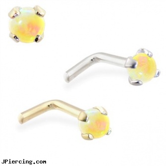 14K Gold L-shaped Nose Pin with 2mm Round Yellow Opal, 14 kt white gold belly button rings, golden retriever belly button rings, 14kt gold belly ring, horseshoe shaped items, crescent shaped piercing expanders