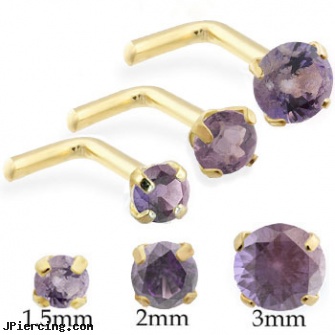 14K Gold L-shaped Nose Pin with Round Alexandrite, gold nautical body jewelry, 14k gold belly button rings jewelry, white gold belly rings, crescent shaped piercing expanders, heart shaped belly button ring