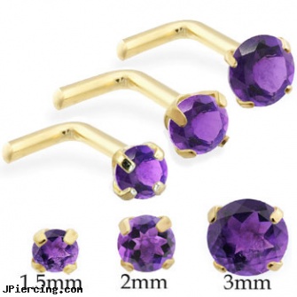 14K Gold L-shaped nose pin with Round Amethyst, solid gold body jewelry, gold mermaid body jewelry, gold eyebrow jewelry, l-shaped nose jewelry, shaped nose studs