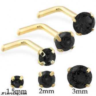14K Gold L-Shaped Nose Pin with Round Black CZ, gold belly button rings, gold nose rings from pakistan, gold eyebrow ring, l-shaped nose jewelry, flower shaped labret jewerly
