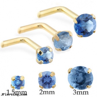 14K Gold L-shaped nose pin with Round Blue Zircon, wholesale 14k gold belly ring, 14k gold navel rings, white gold belly ring, horseshoe shaped items, flower shaped labret jewerly