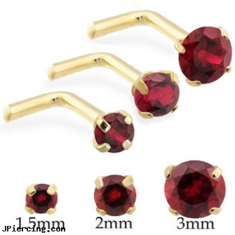 14K Gold L-shaped Nose Pin with Round Garnet, peircing prices goldsboro, gold shackle body jewelry, gold nose screws, crescent shaped piercing expanders, horseshoe shaped items