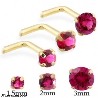 14K Gold L-shaped Nose Pin with Round Ruby, gold belly button rings on discount, gold body jewelry earrings, 14 kt gold belly ring, 18ga l-shaped nose stud, heart shaped belly button ring