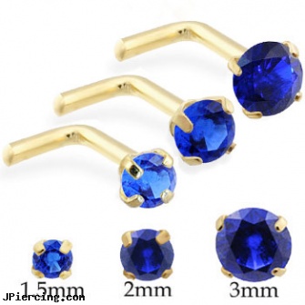 14K Gold L-shaped nose pin with Round Sapphire, 16 ga gold body jewelry, diamond gold nose stud nose ring, gold diamond body jewelry, 18ga l-shaped nose stud, shaped nose pins at wholesale