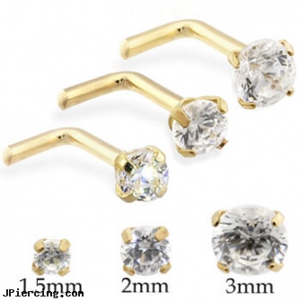 14K Gold L-Shaped Nose Stud With Round CZ, gold diamond nose stud ring, 14k gold belly ring, gold cock rings, shaped nose studs, flower shaped labret jewerly