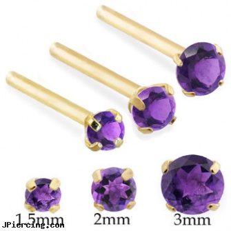 14K Gold Long Customizable nose stud with Round Amethyst, gold crystal belly button ring, nipple rings gold, gold body jewlery, how long before removing earrings after first ear piercing, long belly botton rings