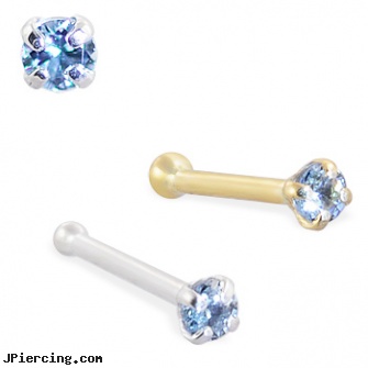 14K Gold Nose Bone with 1.5mm Round Blue Topaz CZ, 22 Ga, white gold belly button ring, white gold belly rings, gold cock rings, smallest nose ring for sale, body jewelry nose studs