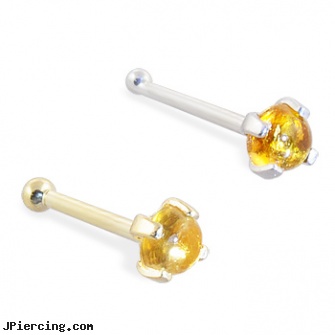 14K Gold Nose Bone with 2mm Round Cabochon Citrine, 14k gold nipple ring, solid gold tongue rings, gold navel ring, surgical steel nose stud, stainless steel nose rings