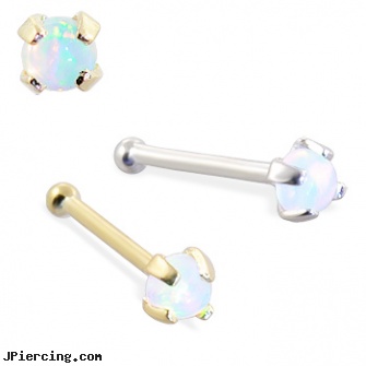 14K Gold Nose Bone with 2mm Round White Opal, harley davidson gold navel rings, gold labret, gold bellybutton rings, celebrities nose ring, nose pictures