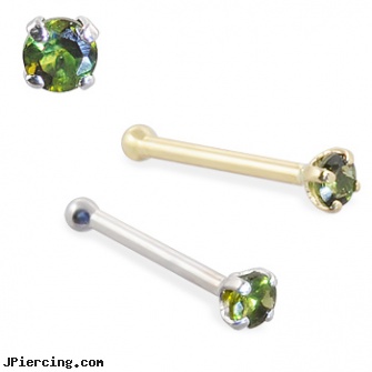 14K Gold Nose Bone with Green Tourmaline, 22 Ga, 14 gold nose stud, wholesale 14k gold belly ring, gold belly button rings on discount, canada nose jewellry, clear nose ring