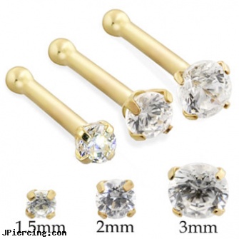 14K Gold Nose Bone With Round CZ, gold nose studs, gold plated straight barbell eyebrow jewelry, solid gold navel rings, changing nose piercing, nose piercing keloid hydrocortizone