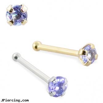 14K Gold Nose Bone with Tanzanite, 22 Ga, gold tongue jewelry, 14 karet gold navel rings, 14 kt white gold belly button rings, nose piercing advice, wholesale nose studs