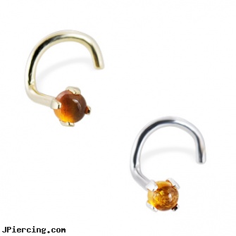 14K Gold Nose Screw with 2mm Round Cabochon Amber, 20 Ga, solid gold tongue ring, gold body jewelry wholesale, gold nose stud, 14 gauge nose stud, nose piercing jewelry