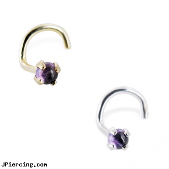 14K Gold Nose Screw with 2mm Round Cabochon Amethyst, gold plated navel jewelry, 14k gold diamond navel rings, gold labrets, smallest nose ring for sale, nose