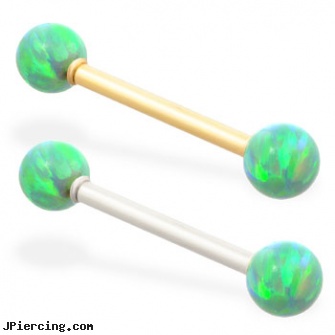 14K Gold straight barbell with Green opal balls, gold eyebrow jewelry, gold cock rings, gold tongue jewelry, gold plated straight barbell eyebrow jewelry, straight nose stud