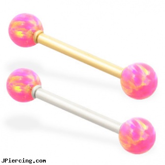 14K Gold straight barbell with Pink opal balls, harley davidson gold navel rings, gold nipple rings, gold tongue rings, straight nose stud, internally threaded straight barbells