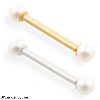 14K Gold Straight Barbell With Round White Akoya Pearls, white gold nose pin, gold nautical body jewelry, nose ring gold diamond india, internally threaded straight barbells, gold plated straight barbell eyebrow jewelry