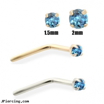 14K Gold Teal Blue Diamond Nose Pin, gold shackle body jewelry, gold navel jewelry, solid gold body jewelry, navel jewelry surgical stainless steal internal thread, black and blue titainum tongue rings