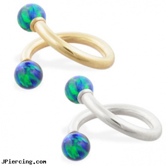 14K Gold twister barbell with Blue Green opal balls , 14ga, jewelry supplies gold ear wires, gold piercing jewelry, gold labret, navel ring starter twister wholesale, twister tongue rings