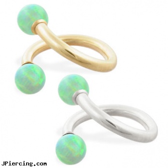14K Gold twister barbell with Green opal balls , 14ga, pierced cock rings gold, nipple rings and gold, gold nose stud, twister tongue rings, navel ring starter twister wholesale