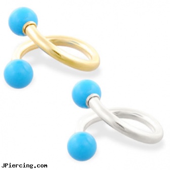 14K Gold twister barbell with Turquoiseballs, 16ga, gold body piercing, gold nose stud, 14k gold belly button rings, twister tongue rings, rainbow twister belly ring