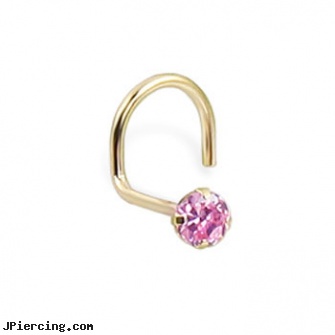 14K Real Yellow Gold Nose Screw With Round 2.5Mm Pink Cz, 20 Ga, real diamond labret, real body jewelry, real gold nose rings from india, yellow gold diamond nose ring, hot candy 14kt gold belly rings