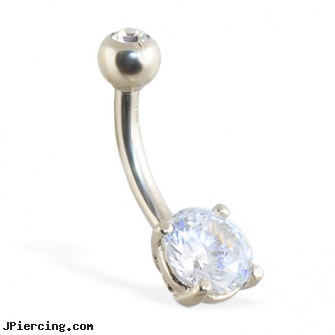14K white gold belly button ring with round stone and jeweled top ball, white gold top down navel rings, white gold nose pin, white layer on tongue piercing, gold body jewelry, solid gold tongue ring