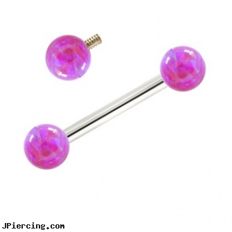 14K White Gold Internally Threaded Straight Barbell With Purple Opals, white gold belly rings, white pride tongue ring, white gold body jewelry, solid gold belly button ring, gold crystal belly button ring