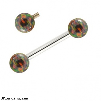 14K White Gold Internally Threaded Straight Barbell With Rainbow Opals, nose screw white gold, white gold belly button rings, white gold belly button ring, gold belly button ring, 14k gold belly button ring