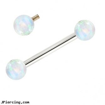 14K White Gold Internally Threaded Straight Barbell With White Opals, white gold navel ring, white tounge piercing, white gold belly button rings, gold gem nose screw, gold belly jewelry