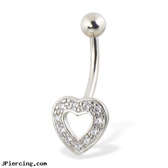 14K White Gold Jeweled Hollow Heart Belly Button Ring, white gold body jewelry, nose screw white gold, white tounge piercing, nipple rings and gold, 22 gold nose rings