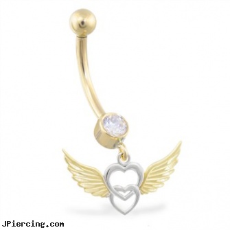 14K Yellow and White Gold belly ring with dangling heart and wings, yellow gold diamond nose ring, white gold belly button ring, white layer on tongue piercing, white gold belly rings, gold plated straight barbell eyebrow jewelry