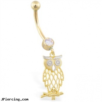 14K Yellow and White Gold belly ring with dangling Owl Charm, yellow gold diamond nose ring, white pride tongue ring, white layer on tongue piercing, white gold belly button ring, golden retriever belly button rings