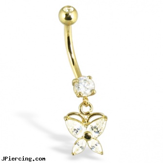 14K Yellow Gold Belly Button Ring With Dangling Butterfly, yellow gold diamond nose ring, 22 gold nose rings, gold navel piercings, gold diamond body jewelry, chevy belly rings