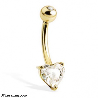 14K Yellow Gold Belly Button Ring with Heart-Shaped Stone And Jeweled Top Ball, yellow gold diamond nose ring, gold playboy bunny belly button rings, pierced cock rings gold, real gold nose rings from india, zodiac belly rings