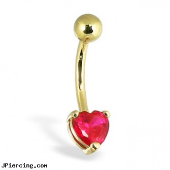 14K Yellow Gold Belly Button Ring With Pronged Red Heart, yellow gold diamond nose ring, gold diamond body jewelry, gold cock rings, 18k 14k gold horseshoe body jewelry, belly piercings pictures