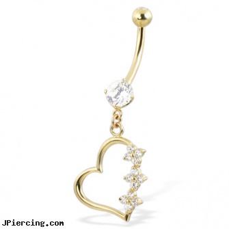 14K Yellow Gold Belly Button Ring with Round Cubic Zirconia And Dangling Hollow Jeweled Heart, yellow gold diamond nose ring, real gold nipple rings, white gold nose pin, gold belly ring, snoopy belly ring