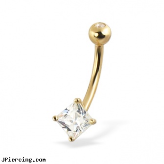 14K Yellow Gold Belly Button Ring with Square Gem, yellow gold diamond nose ring, gold nipple rings, white gold nose pin, nose ring gold diamond india, belly piercings danger