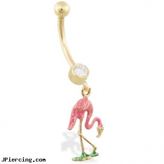 14K Yellow Gold belly ring with dangling enameled flamingo, yellow gold diamond nose ring, gold pierced nipple jewelry, india nose pin nose stud nose ring gold diamond retail, hot candy 14kt gold belly rings, belly button jewelry