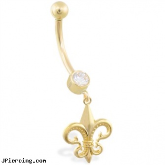 14K Yellow Gold belly ring with dangling Fleur-de-Lis charm, yellow gold diamond nose ring, white gold belly button ring, gold jeweled labret ring, gold eyebrow ring, belly ring care info