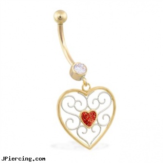 14K Yellow Gold belly ring with dangling heart charm and red glitter center, yellow gold diamond nose ring, white gold belly ring, gold nipple piercing rings, 14kt gold navel jewelry, mood belly rings