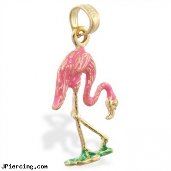 14K Yellow Gold Enameled Flamingo Pendant, yellow gold diamond nose ring, nipple rings and gold, non piercing gold nipple jewelry nipple rings, gold jeweled labret ring, male stripper cock ring
