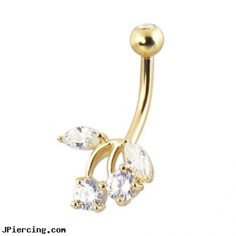14K Yellow Gold Gemmed Cherry Belly Button Ring With Jeweled Top Ball, yellow gold diamond nose ring, gold navel piercings, 14kt gold body jewlry, gold tongue rings, belly button ring care