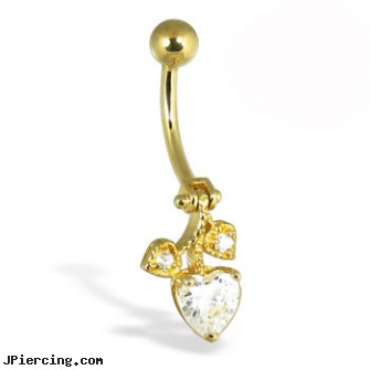 14K Yellow Gold Hinged Belly Button Ring with Heart And Leaves, yellow gold diamond nose ring, nose screw white gold, gold mermaid belly rings, gold plated navel jewelry, hinged cock ring