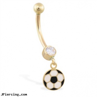 14K Yellow Gold jeweled belly ring with dangling enameled soccer ball charm, yellow gold diamond nose ring, 14 karet gold navel rings, wholesale 14k gold belly ring, gold belly button ring, jeweled belly rings