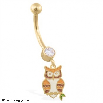 14K Yellow Gold jeweled belly ring with dangling Owl Charm, yellow gold diamond nose ring, fake gold nose ring, gold navel rings, white gold belly button rings, jeweled belly rings