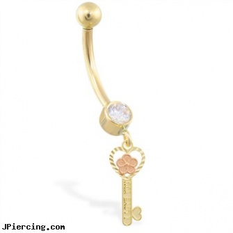 14K Yellow Gold jeweled belly ring with dangling two-toned heart key, yellow gold diamond nose ring, gold body jewlery, gold mermaid body jewelry, gold nipple jewelry, jeweled labrets