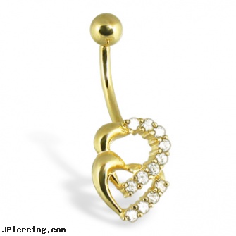 14K Yellow Gold Navel Ring With Two Jeweled Hearts, yellow gold diamond nose ring, gold belly button ring, solid gold navel jewelry, gold belly button jewelry, navel piercing stories