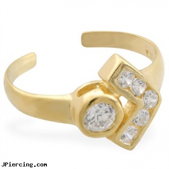 14K Yellow Gold Toe Ring With Round CZ And Jeweled V, yellow gold diamond nose ring, gold nipple stirrups jewelry, 18k 14k gold horseshoe body jewelry, 14kt gold plated body jewelry, nipple rings